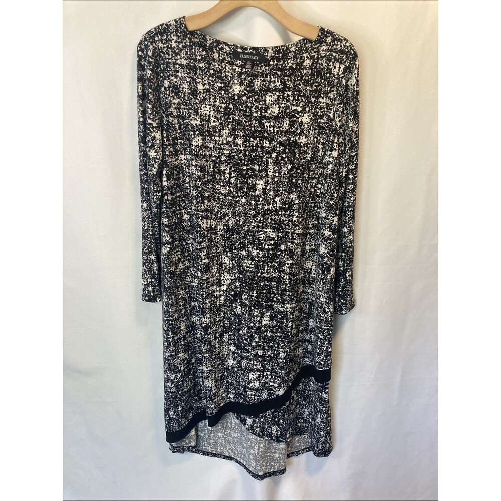Ellen Tracy Dress Midi L Womens Black White Hi Low Hem Slip Over Asymmetrical